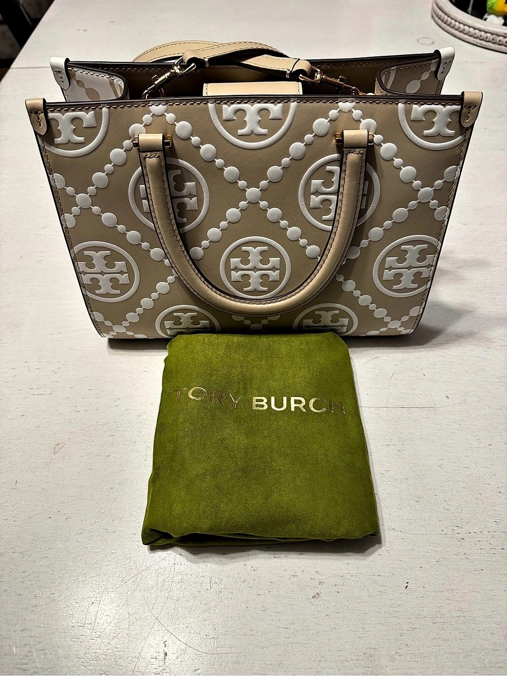 Tory Burch T Monogram Contrast Embossed Top-Handle Tote Brown & White